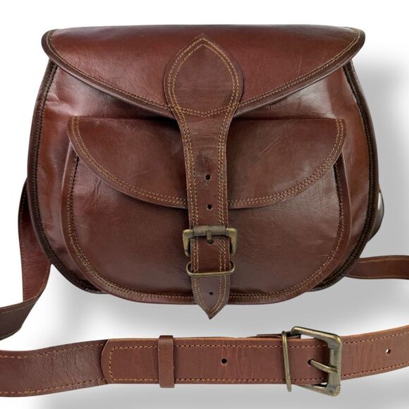 Vintage Distressed Handmade Rugged Rustic Saddle Bag Crossbody Buffalo Leather - Picture 3 of 13